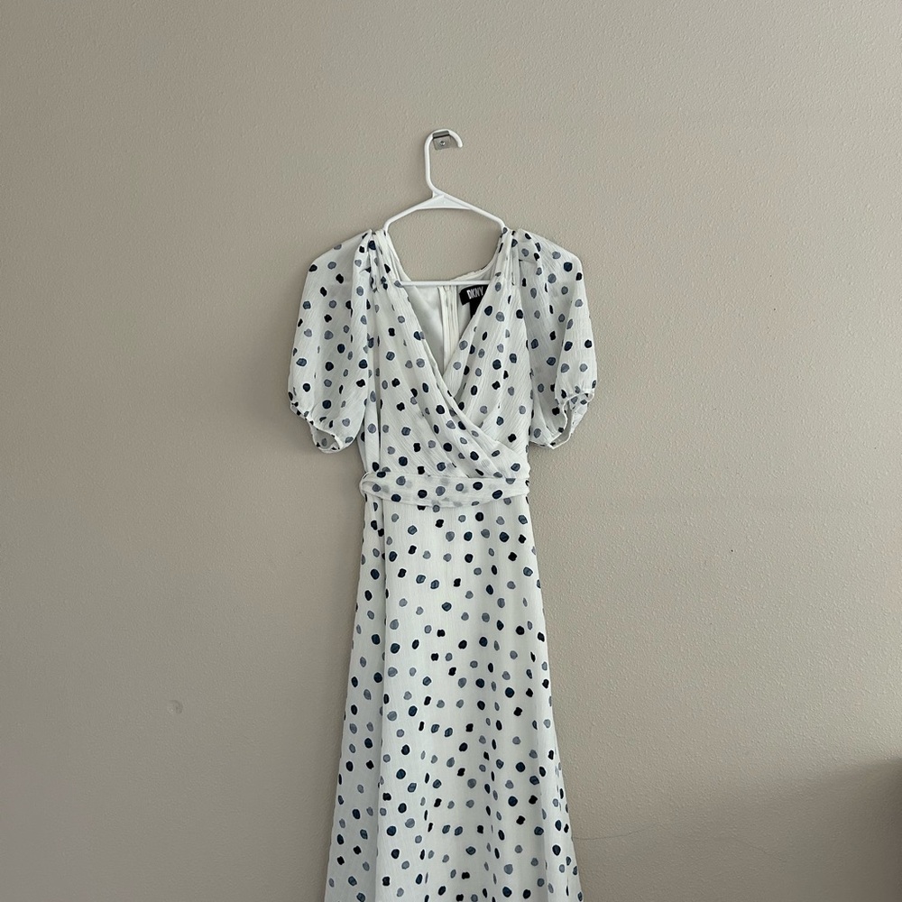 DKNY White Wrap Midi Dress with Puff Sleeves